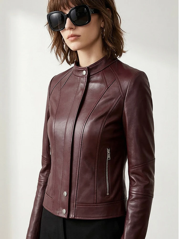 

High Luxury Imported Sheepskin Women's Short Jacket Fashion Wine Red Stand Collar Slim-fit Female Biker Real Leather Jacket Tops