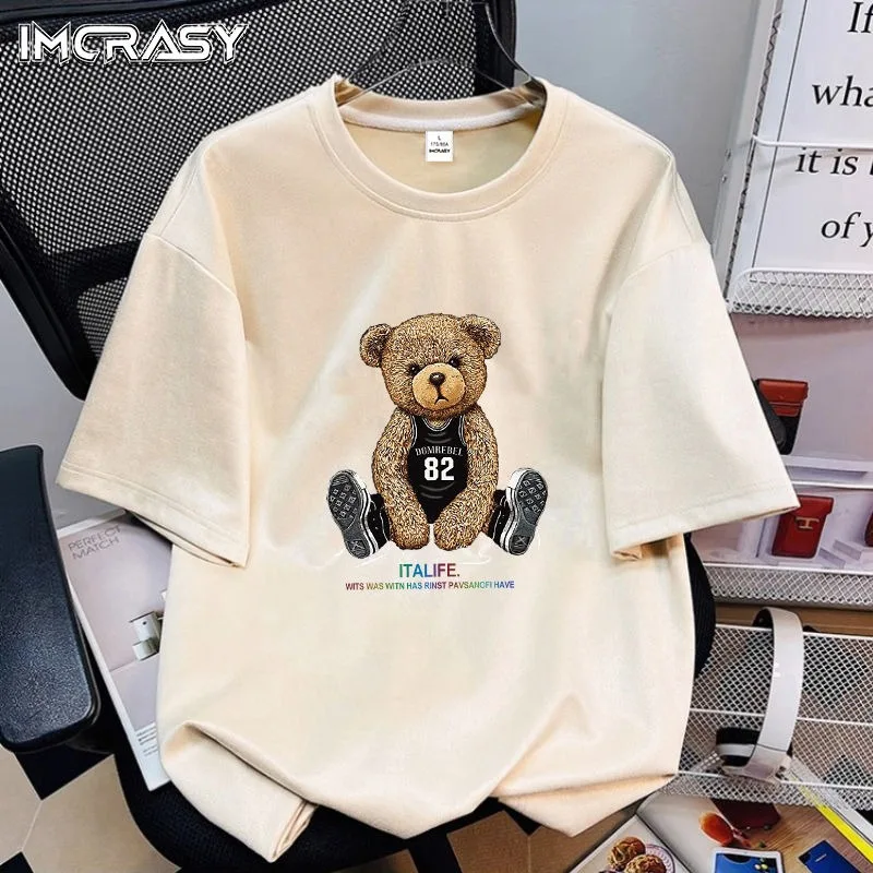 Summer T-shirt Women's Cartoon Bear Print Luxury Designer Loose Oversized Top Suede Short Sleeve T-shirt Women's Clothes