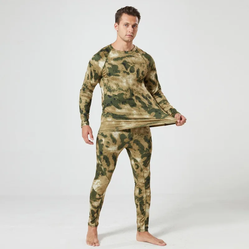 Outdoor Tactical Men Autumn Winter Camouflage Fleece Thermal Underwear Set Cycling Camping Warm Loungewear M-5XL