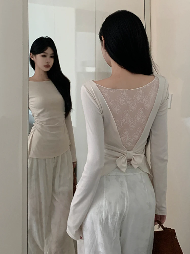 Pure Desire Subtle Backless Lace Splice Long Sleeve T-Shirt Sexy Versatile Base Shirt Top for Young Women Summer Season