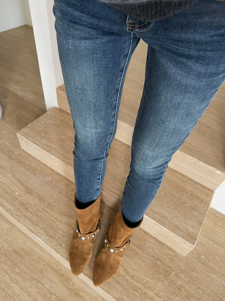 

Джинсы Jiaoyang Bootcut, хлопковые эластичные джинсы с высокой талией на подкладке, тонкие прямые теплые зимние ботинки, женские повседневные джинсы