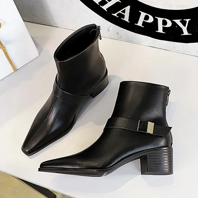 TRAF Faux Leather Ankle Boots for Woman Chic Metal Decorate Inner Velvet Short Boots Women Winter Point Head Square Heel Shoes