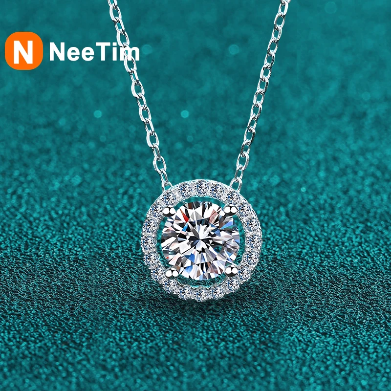 NeeTim 2CT 8mm Moissanite Necklace For Women 925 Sterling Silver with 18K Gold Plated Diamond Pendant Wedding Party Necklaces