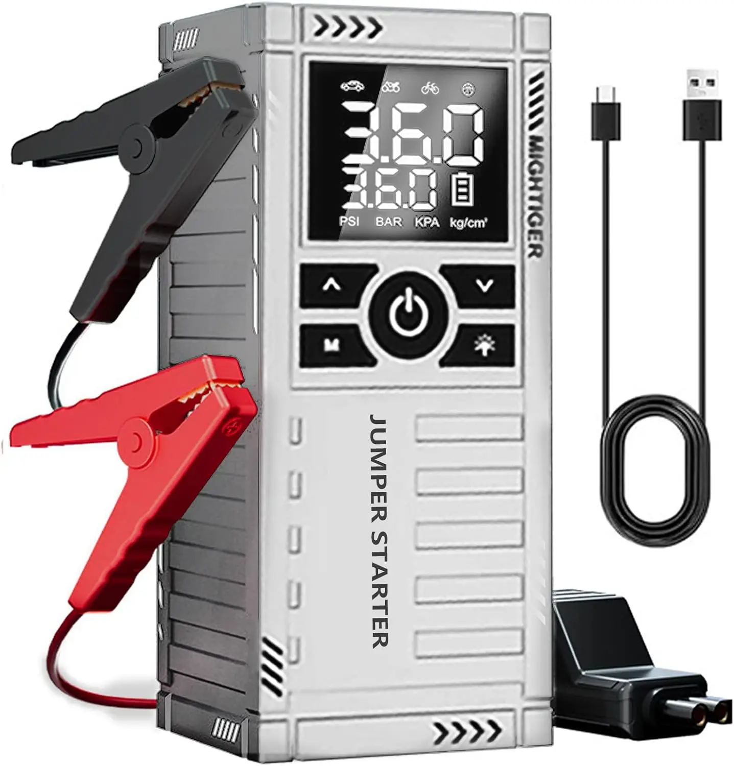 

Портативное пусковое устройство для автомобиля с компрессором, 2500 мАч*4, насос для подкачки шин 150PSI для бензиновых/дизельных автомобилей