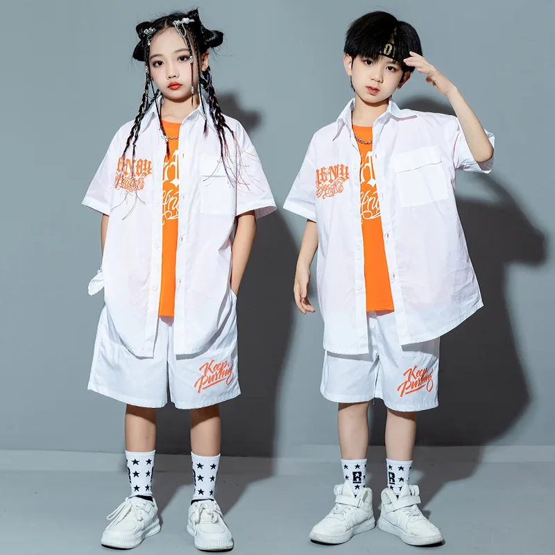 

Kid Hip Hop Clothing White Loose Fit Print Shirt Top Casual Summer Shorts for Girls Boys Jazz Dance Costume Clothes Set Outfits