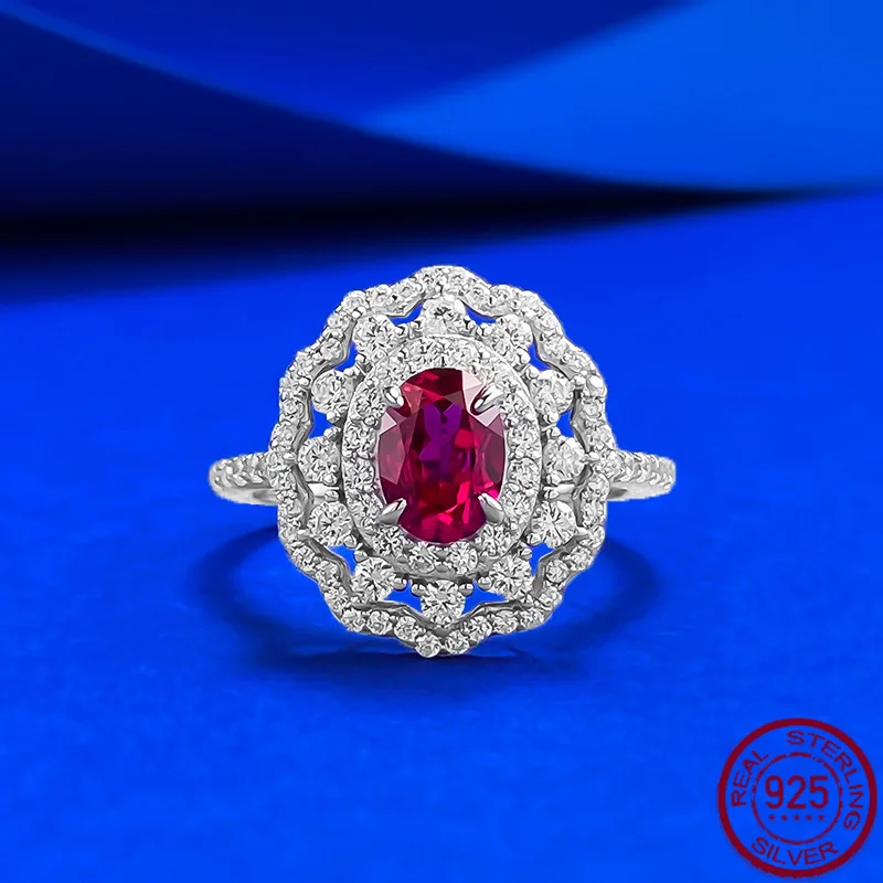 New S925 Silver 5 * 7mm Elliptical Dove Blood Red Ring with Flower Pattern, Dense Inlay, Light Luxury Fashion Wedding Jewelry