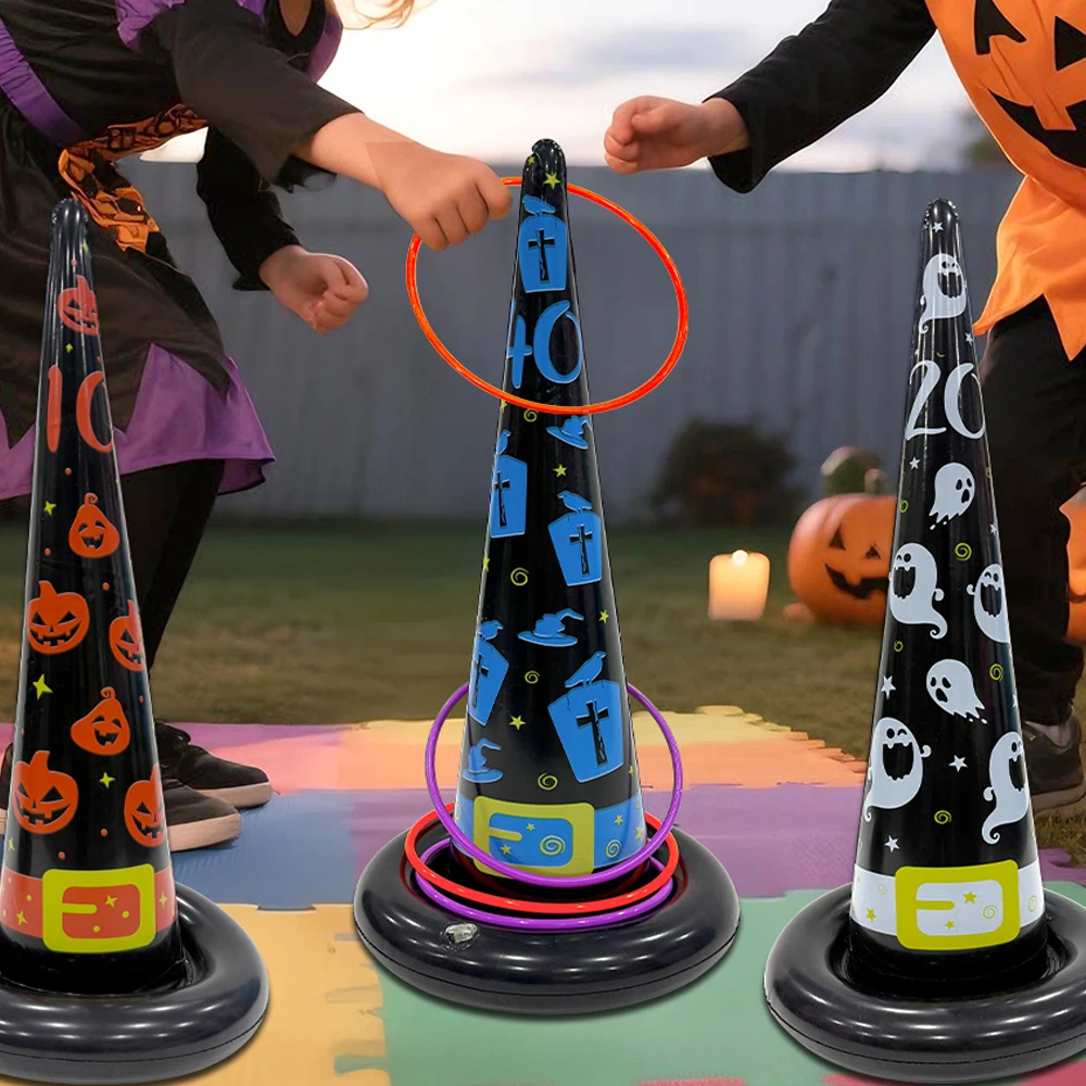 1 ensemble de chapeaux de sorcière gonflables, jeu de lancer d'anneaux, ensemble de jouets, accessoire de jeu de lancer de fête d'halloween, décoration de fête