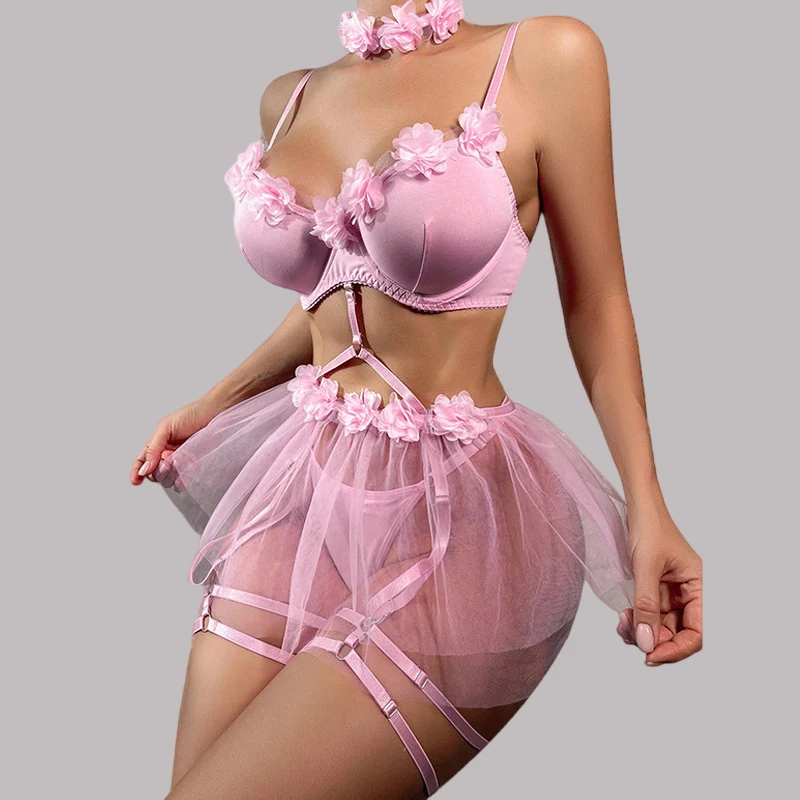 Tornova Sexy Lingerie Suit for Women Mesh See-through Sexy Lingerie Suspender Pink Applique Sexy Seductive Erotic Underwear Suit