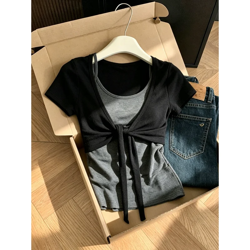 Fashionable Women's Summer Short Sleeve Open Cardigan Two-Piece Set Neck Hanging Strap Tied Top Polyester Fiber Slim Fit