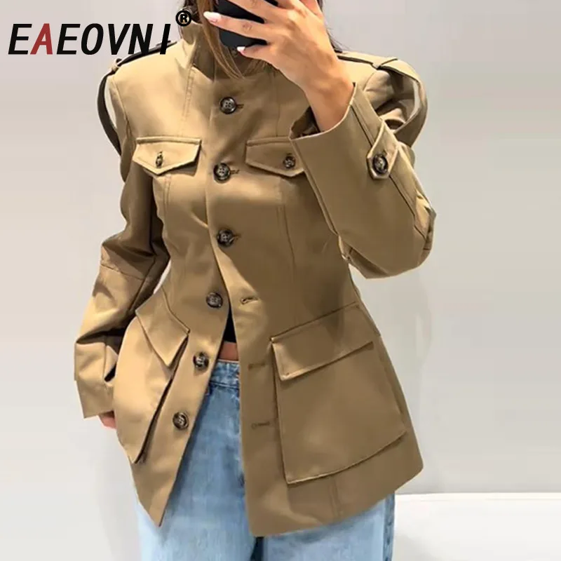 

EAEOVNI укороченный плащ цвета хаки с воротником-стойкой, куртка с карманами, женская весенне-осенняя облегающая уличная женская верхняя одежда на пуговицах