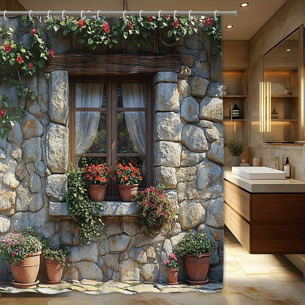 1pc Stone Wall with Flowers Shower Curtain - Sunlit Countryside Style Polyester Fabric, White Lace Curtains, Red & Orange Flower