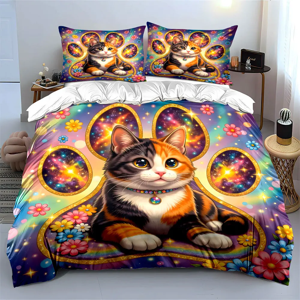 Fantasy cosmic cat with vibrant flowers Pattern Duvet Cover Set Digital Print Colorful Polyester Bedding with Zipper Closur gift
