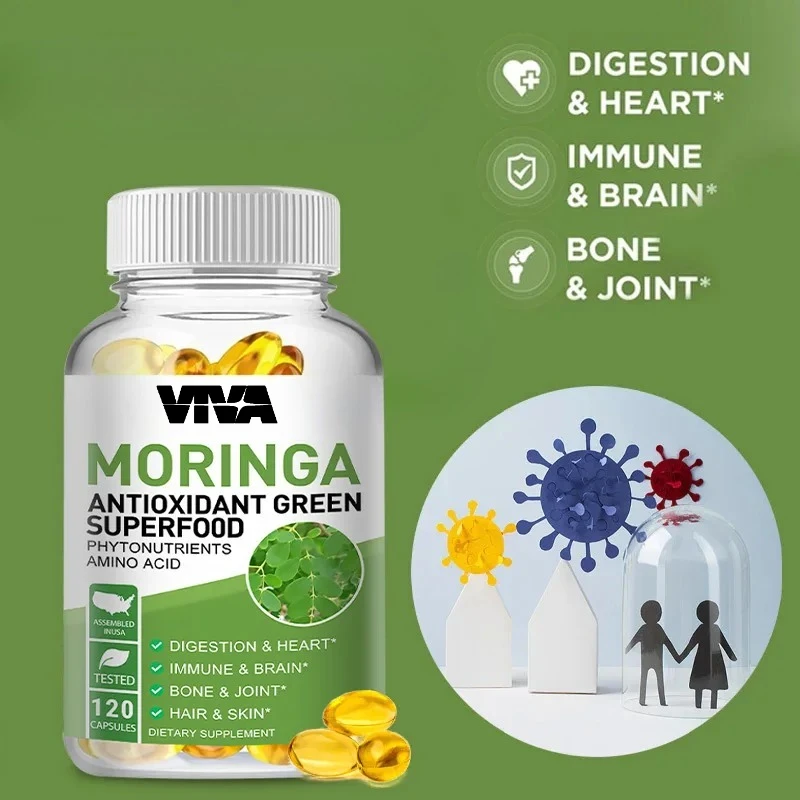 Moringa 1000mg Capsules, An Antioxidant Green Superfood That Supports Digestive, Heart, Brain, Immune, Joint, and Bone Health