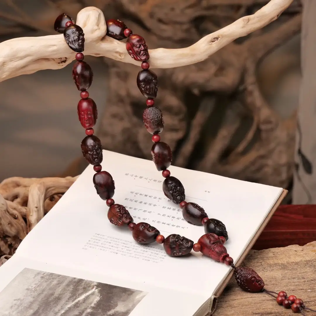 Premium Red Sandalwood Old Material Hand Carved Eighteen Arhats Handheld Car Hanging Buddhist Beads Craft Jewelry