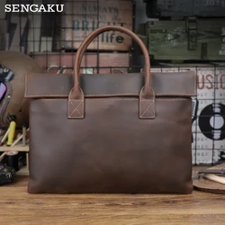 Retro Men's Briefcase Genuine Leather Document Handbag Top Layer Cowhide Business Tablet Bag Thin Clutch For 16 Inch Laptop