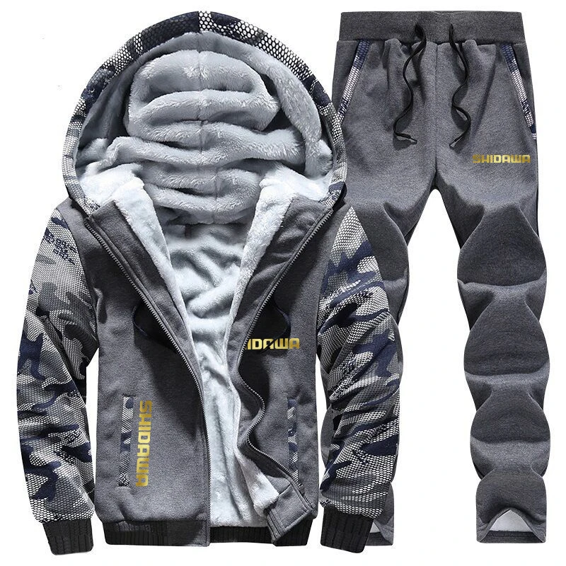 New Men\'s Autumn Winter Fishing Suits Camouflage Outdoor Sports Hiking Fishing Hooded Coat + Pants Velvet Clothes Two Piece Set