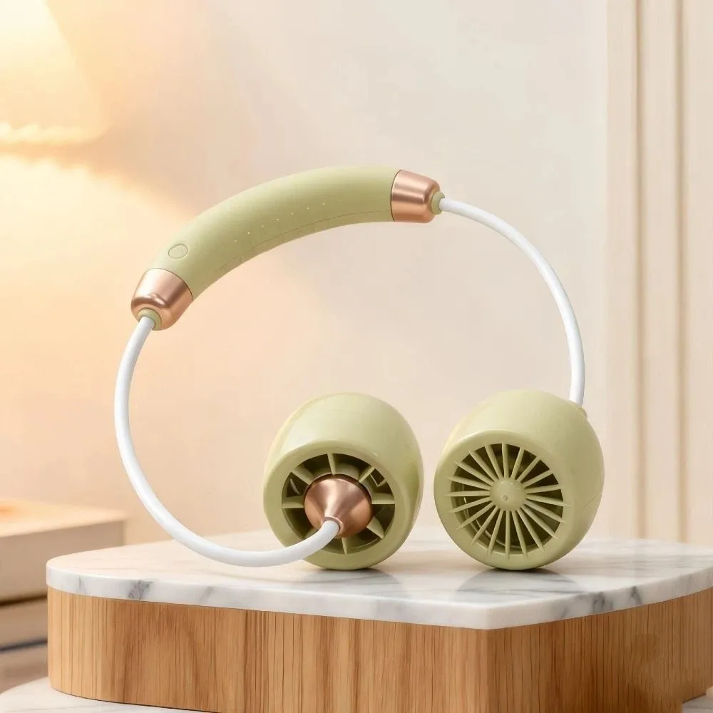 Cream Tone Wearable Neck Fan Turbine Air Outlets Rechargeable Battery Foldable Neck Fan Cool Wind Soft Wind Turbine Cooling Fan