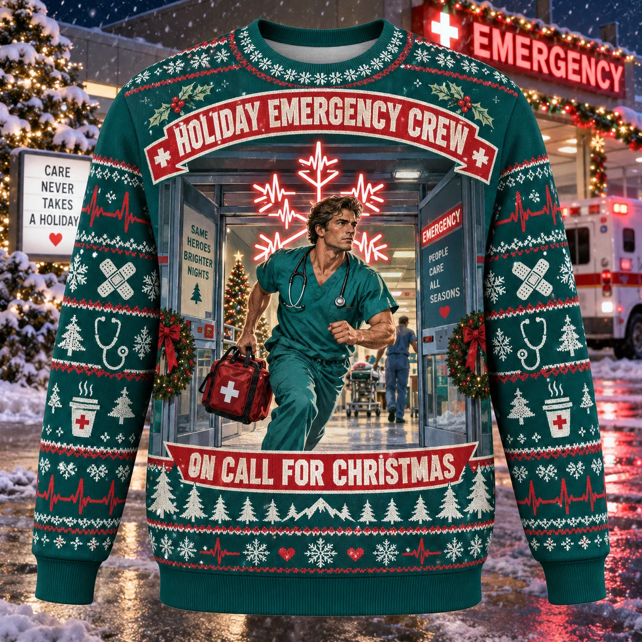 Ugly Christmas Sweater Nurse Doctor Emergency Crew Crewneck Sweatshirt Polyester 3D Print Holiday Pullover Gift Men Women