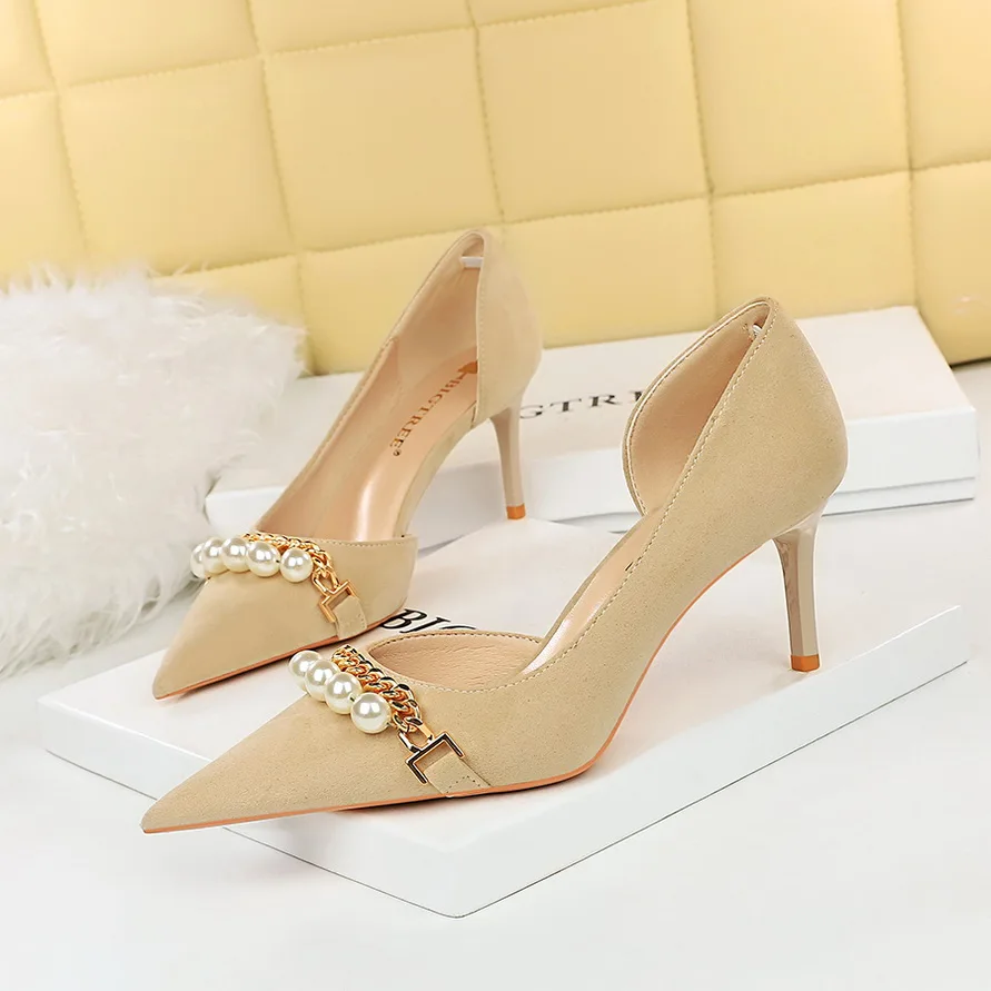 

BIGTREE Shoes Metal Chain Pearl Women Pumps Stilettos Heels Women Shoes Pointed Toe High Heels Large Size 43 Female Kitten Heels