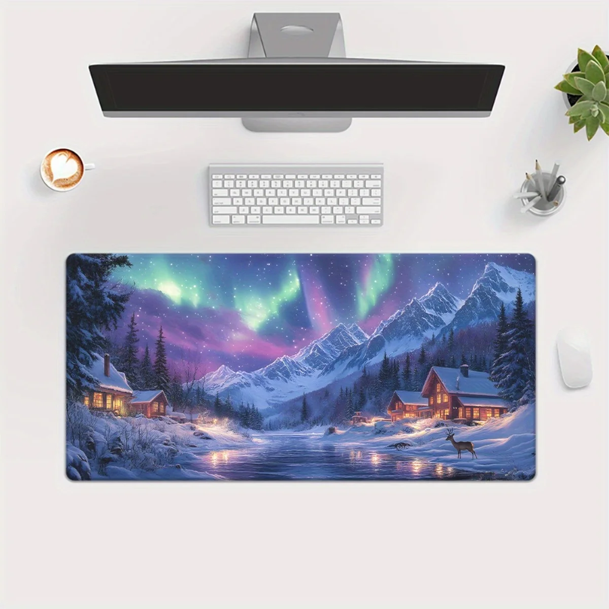 Aurora Northern Lights Winter Cabin Extended Mouse Pad Non-Slip Rubber Gaming Desk Mat for PC Office