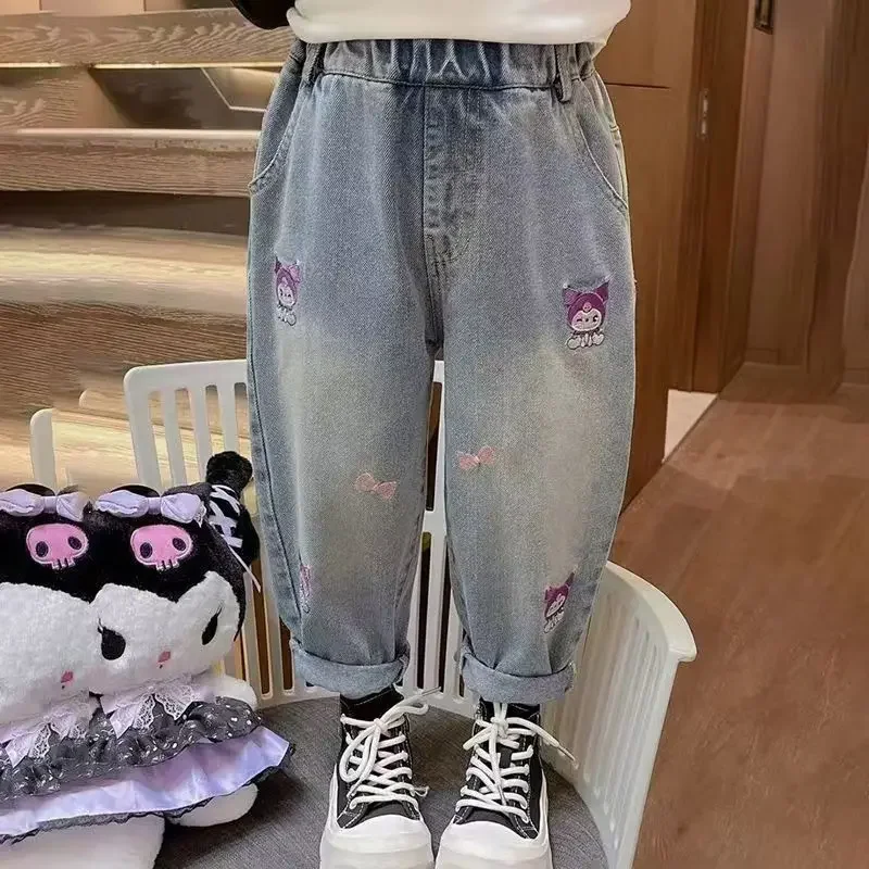 فتاة الجينز ربيع الخريف Kuromi ملابس الأطفال جديد Kawaii الكرتون أنيمي فضفاض فتاة الطفل الخريف الملابس السراويل