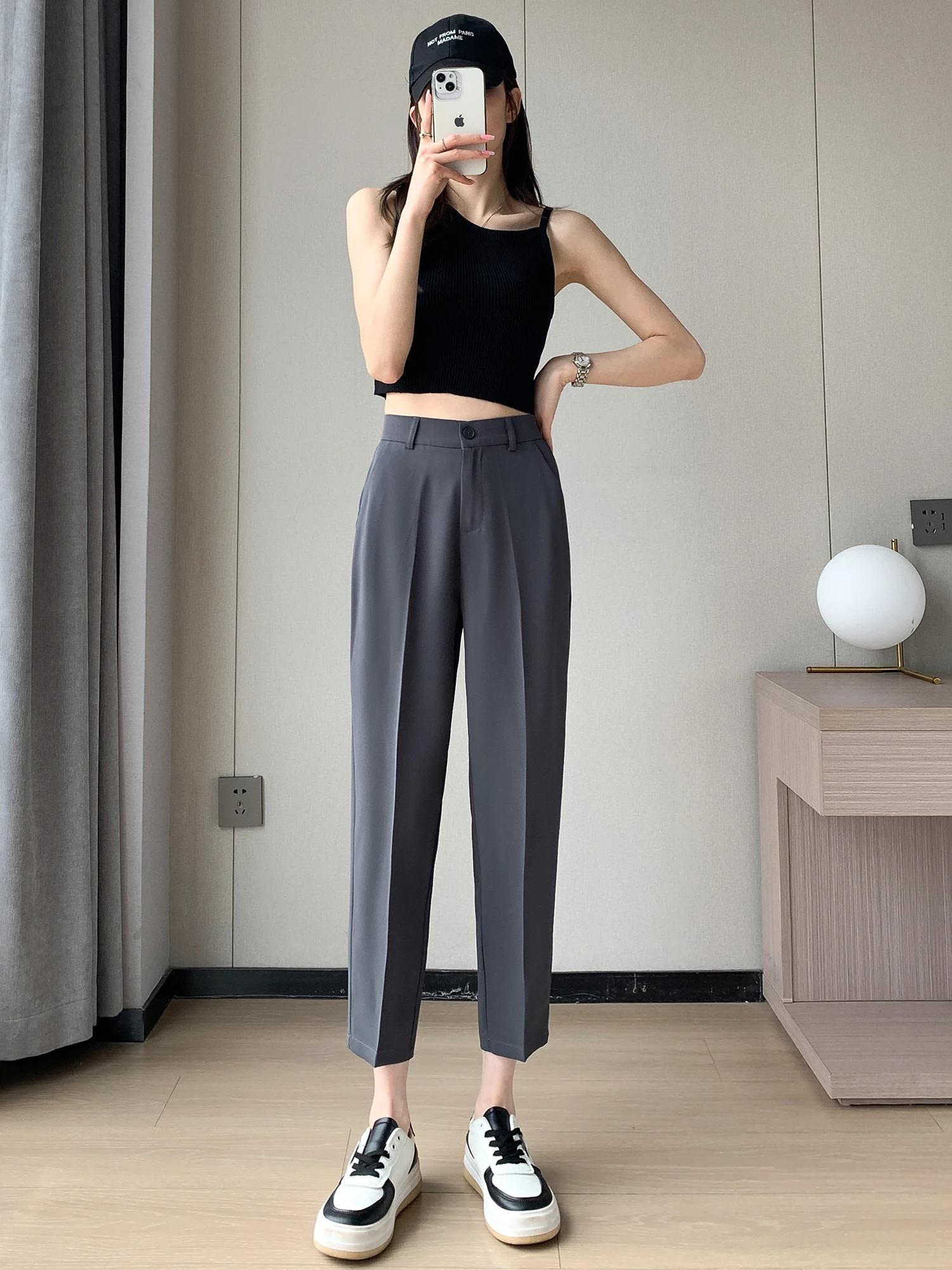 ارتفاع الخصر سليم صالح سراويل تقليدية المرأة Faion 2025 جديد Sle مستقيم الساق تسع نقاط بنطلون تنوعا عالية الخصر السراويل