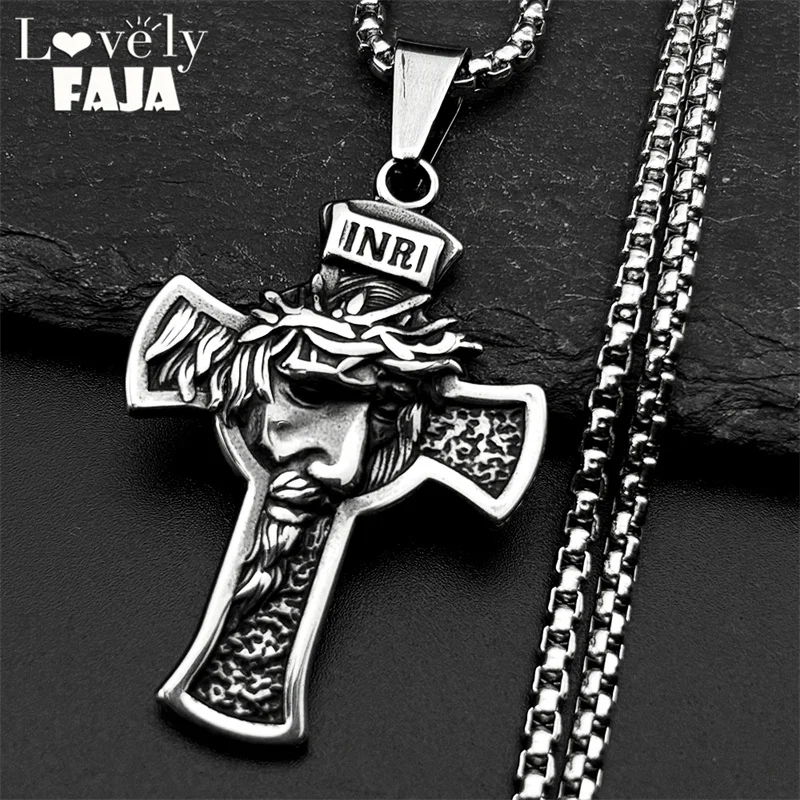 Crown of Thorns INRI Jesus Cross Pendant Necklace for Women Men Stainless Steel Silver Color Crucifix Chain Necklaces Jewelry