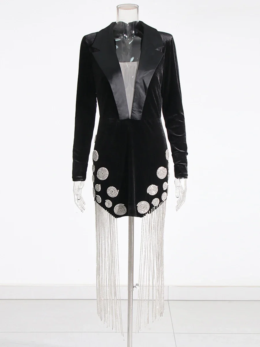 CHICEVER Solid Sexy Valentine Dresses for Women V Neck Long Sleeve High Waist Patchwork Tassel Bodycon Mini Dress Female Fashion