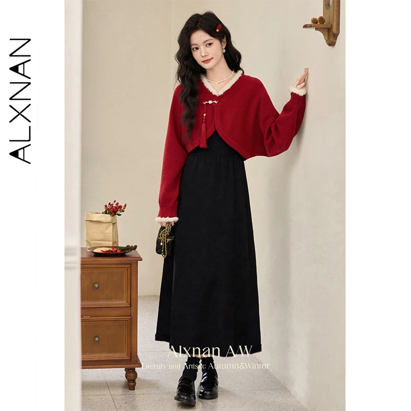 

ALXNAN Black Sleeveless Dress Chinese Style Square Neck Suspender Dress 2025 Fall Winter Long Elegant Women's Clothing L52208