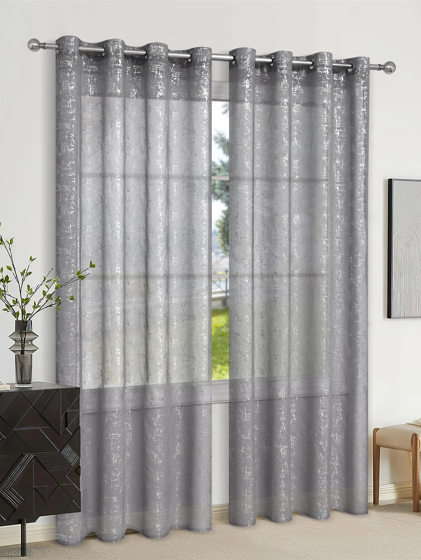 1pc Unique Silver Cross Patterned Semi Sheer Curtain, Curtains for Bedroom and Living Room