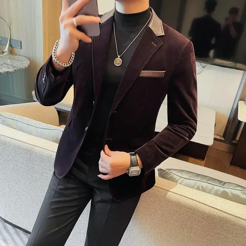 New PU Corduroy Spliced Suit Jacket Man British Style Slim Casual Business Blazers Social Banquet Wedding Formal Suit Jackets