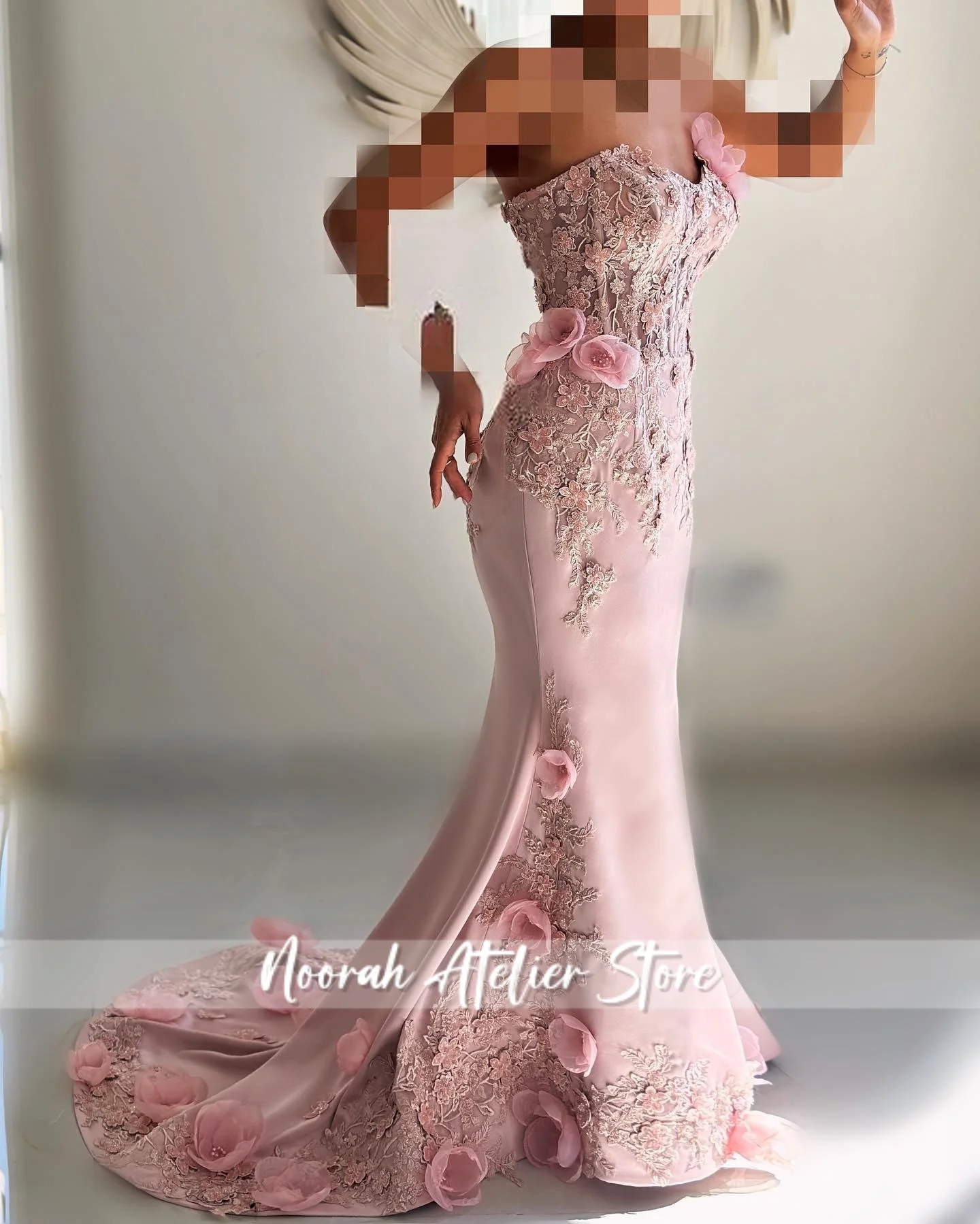 Rose 3D Appliques Sirène Arabie Saoudite Dubaï Femmes Manches Robes De Bal Robes De Bal Formelles avec Perles Longue Robe De Soirée
