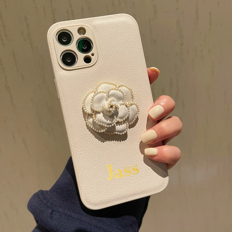 

Fashion Personalised Name White Camellia Leather Phone Cover For iPhone 13 Case 12 11 Pro X XS Max XR 7 8 Plus