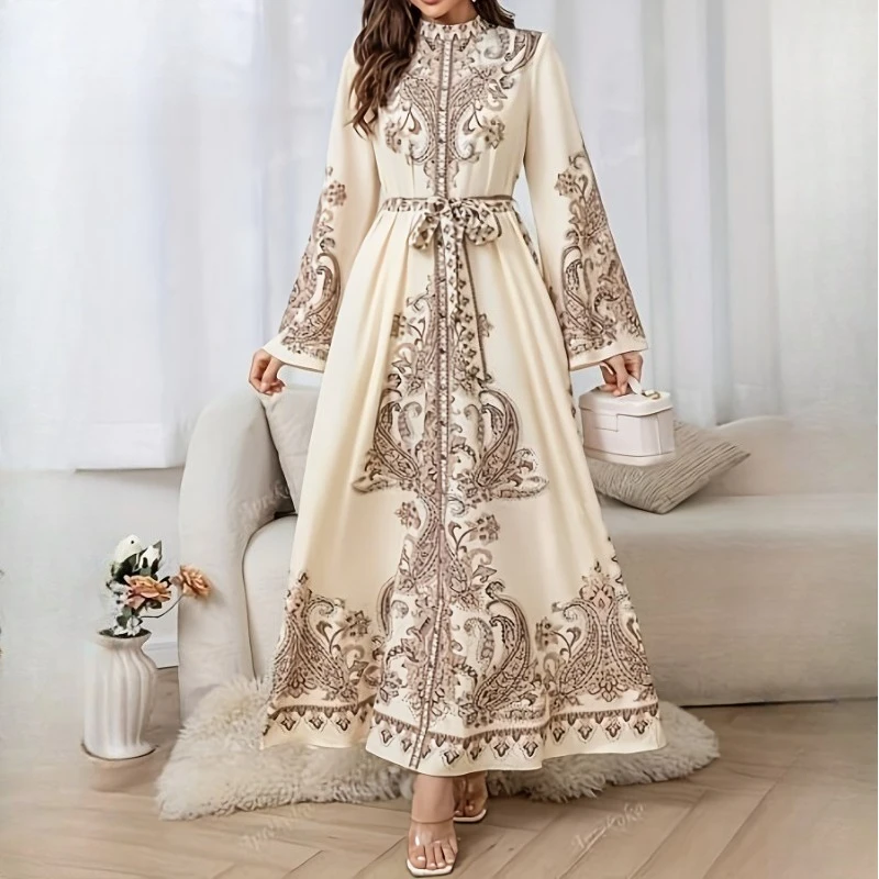 

Vintage Women's Dress Long Sleeve Print Floral High Waist Boho Party Maxi Vestidos Elegant Luxury Long Dresses Spring Autumn