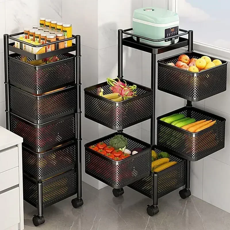 Kitchen Rotatable Fruit Vegetable Shelf with wheel Installation Free Multi-Layer living room Storage Rack for Snacks Fruits