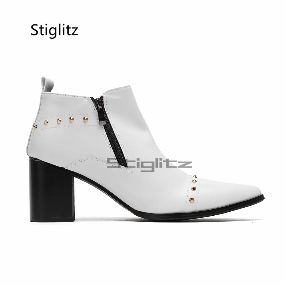 

Men's Rivets Ankle Boots Genuine Leather Side Zipper Cowhide 6Cm High Heels Short Boots Party Wedding Dress Business Shoes