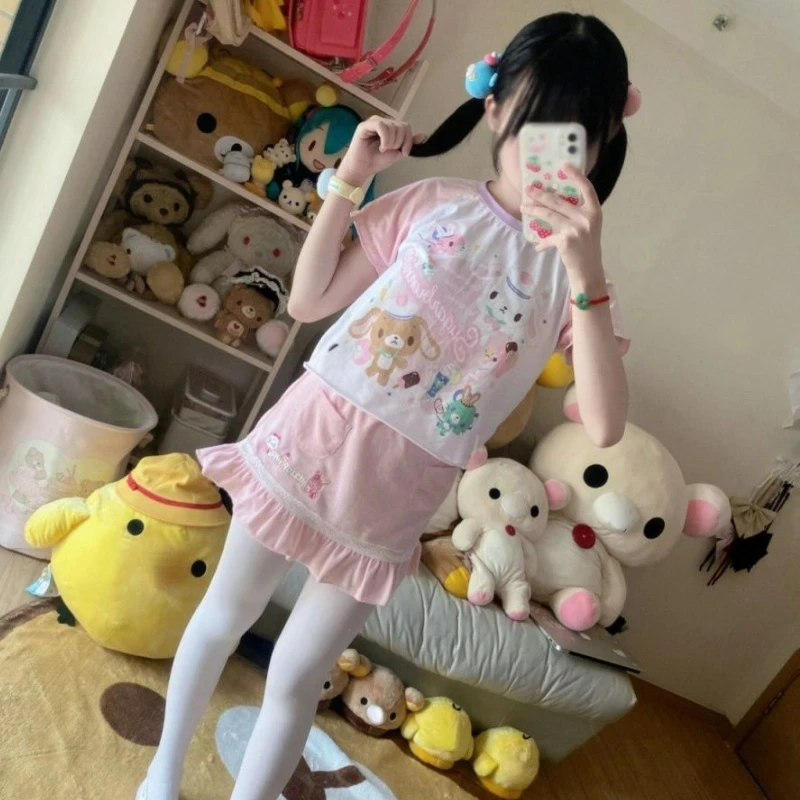 Japanese Kawaii Crop Tops Cartoon Print Harajuku Lolita Short Sleeve T-shirts Women Y2k Aesthetic Slim Tee Vintage Fairy Grunge