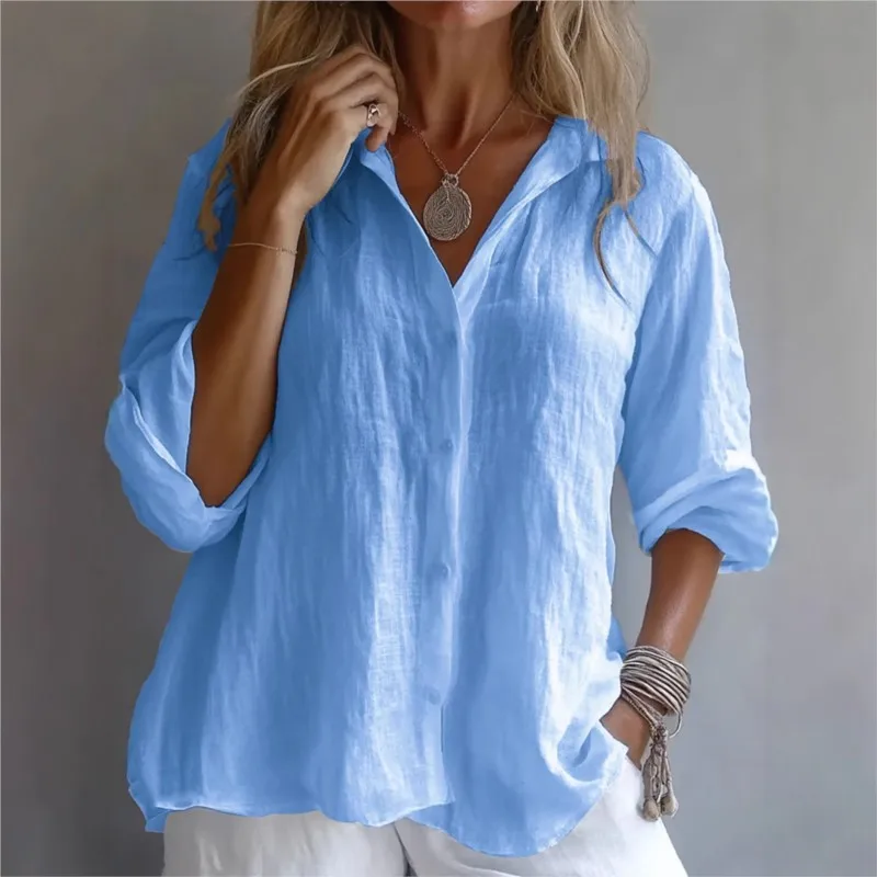 Effen Kleur Linnen Sexy V-hals Single Breasted Lange Mouwen Lente Herfst Dameskleding Nieuwe Casual Losse Shirt Blusas De Mujer