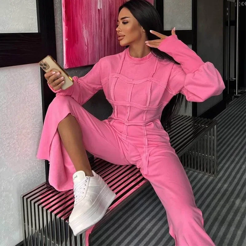 Fashion Design Sweat Outfits Women Winter Suits Long Sleeve Ladies Sweatshirt Clothes Two Piece Set Slit Pants Casual Sweatsuit