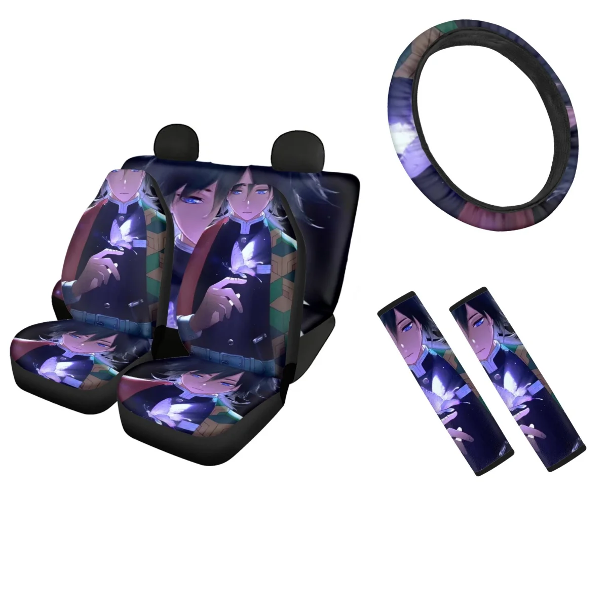 

Full Set Car Seat Covers Ghost Face Blade Anime Design Heavy-Duty Soft Steering Wheel Cover for Women Interior Decor Seatbelt
