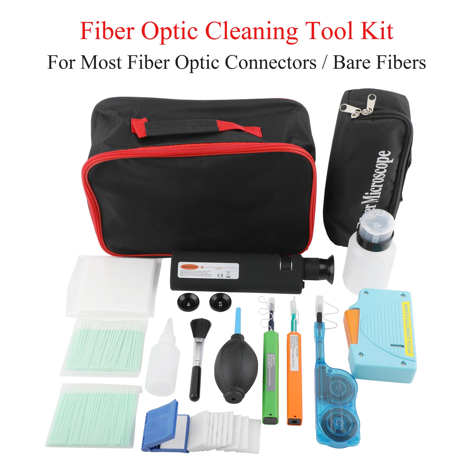 12PCS Fiber Optic Cleaning Kit - Pen for SC/FC/ST/LC/MPO Connectors, Cleaning Box, 400x Microscope & Professional Tools