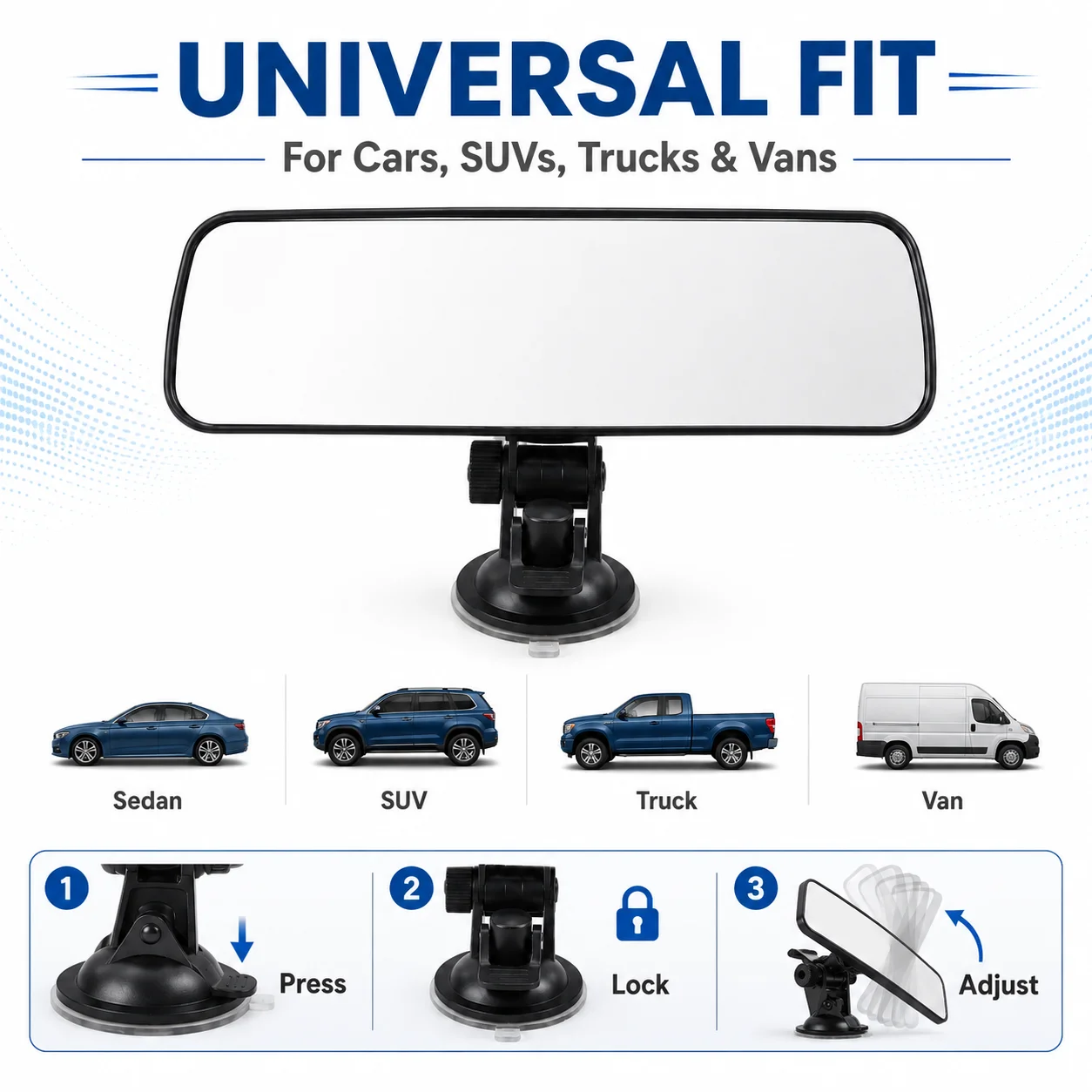 Universal Car Interior Rear View Mirror Wide Angle 360° Adjustable Suction Cup HD Glass Anti Glare Auto Accessories