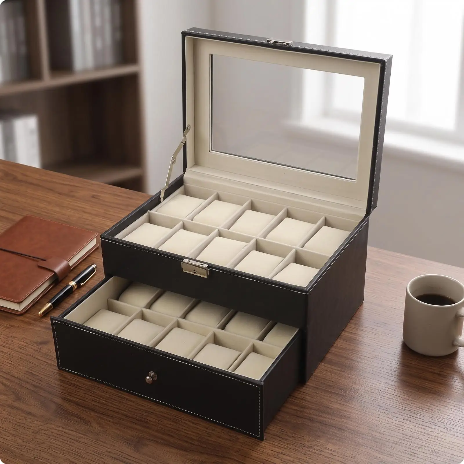 Rectangular Watch Storage Box for Shelf with Black Leather Finish and Contrast Stitching Design