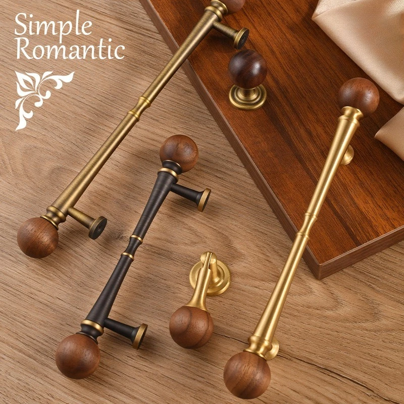 French Vintage Coffee Bronze Brass Handle Solid Walnut Drawer Pull Luxury Wardrobe Shoe Cabinet Cupboard Door Hardware Knob