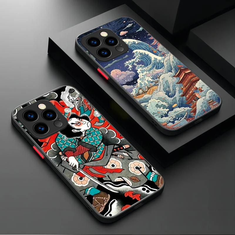 Phone Case For iPhone 16 15 14 13 12 11 Pro Max X XR XS 7 8 Plus SE 2020 Japan Ukiyo-e Samurai Sea Wave Shockproof Matte Cover