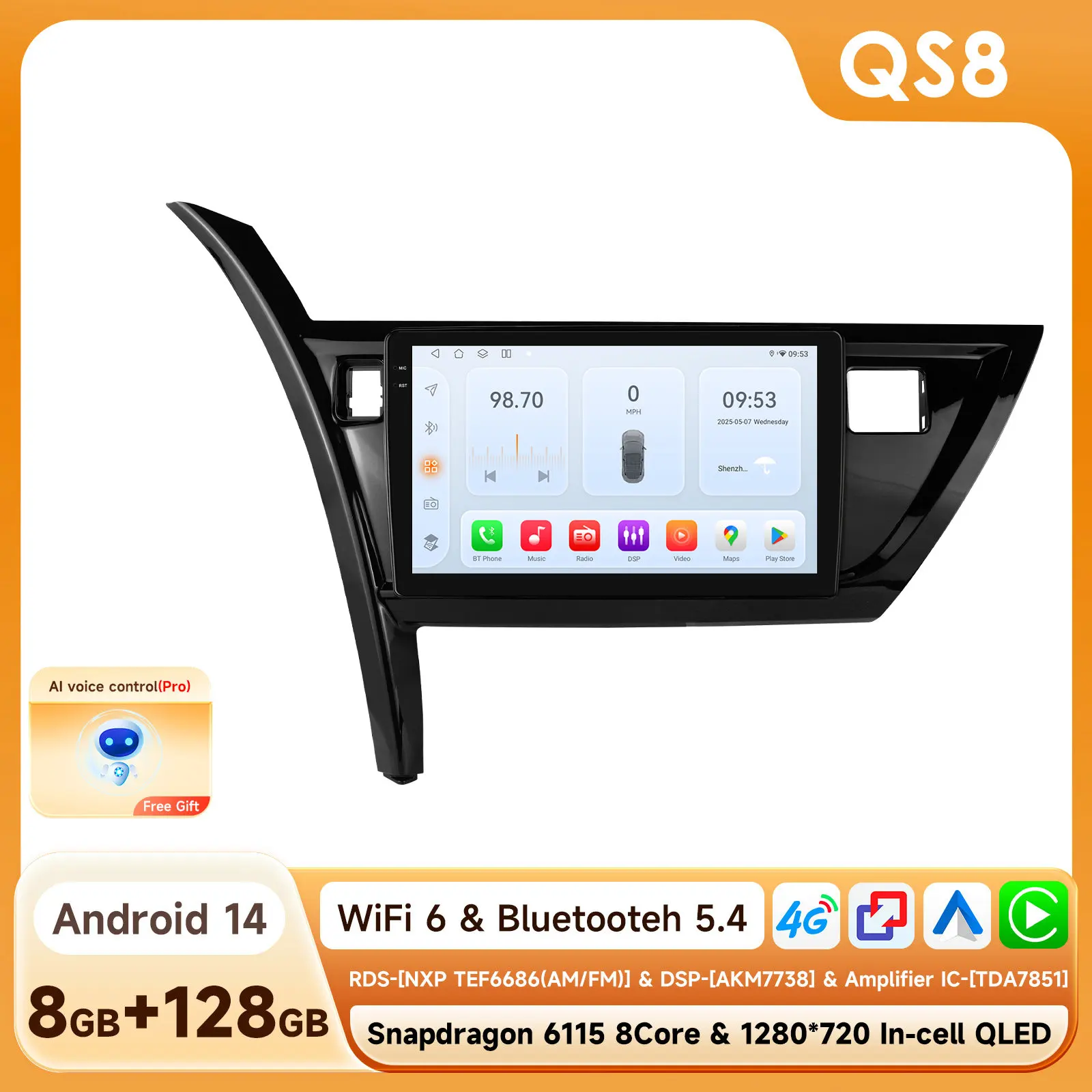 Hizpo 10.1 inch 6115 Intelligente Scherm Carplay 4G 2Din Android 14 Autoradio voor Toyota Corolla Auris 2013-2016 Linkerhand Rijden
