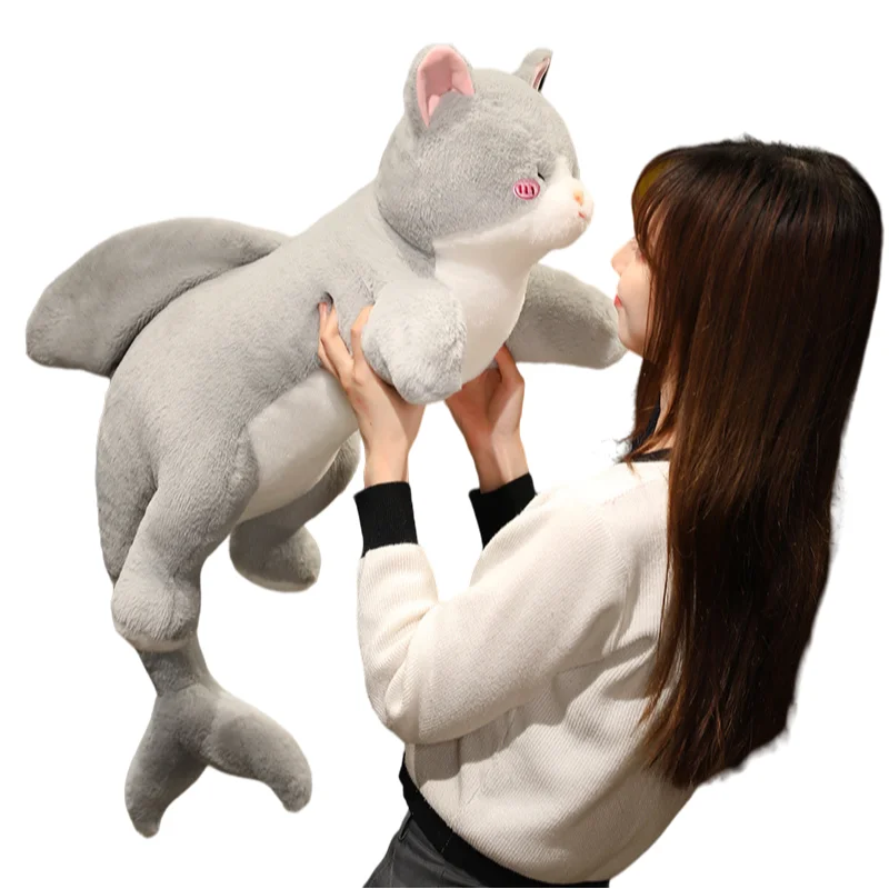 

50/70/90cm Kawaii Alien Grey Cat Peluche Toys Lovely Lying Cat Pillow with Shark's Tail Stuffed Soft Cushion Kids Birthday Gift