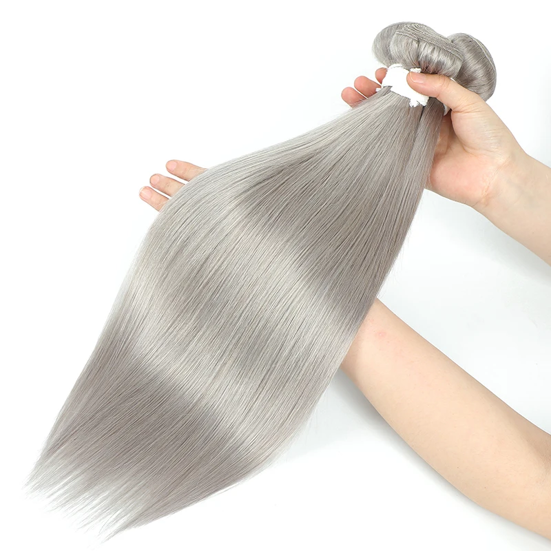 Brazilian Hair Weave Bundles Silver Grey Color Hair Bundles Straight Human Hair Extension Pre-Colored Remy Hair Weave 1/3/4 PCS