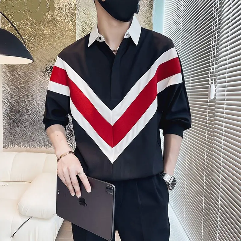 Fashion Lapel Printed Loose Striped Shirts Men's Clothing 2023 Spring New Oversized Casual Tops Half Sleeve Korean Shirt