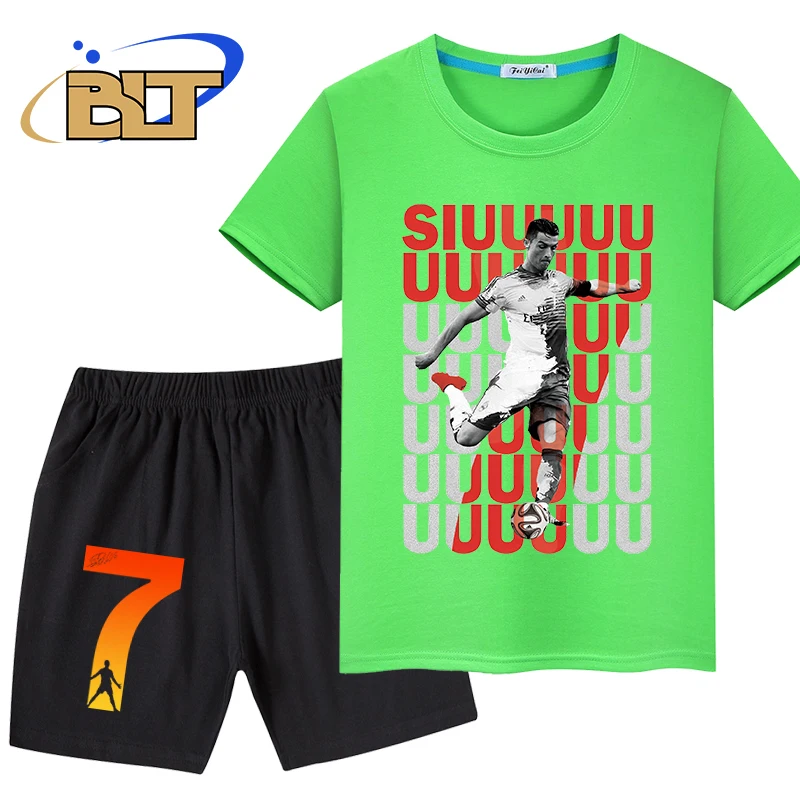 Ronaldo siuuuuu printed children\'s clothing children\'s summer suit T-shirt shorts 2-piece set suitable for boys and girls